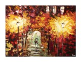 Set 3 piese tablou pictat manual, Pe aleea cu felinare, 120x90cm ulei pe panza in cutit efect 3D