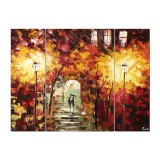 Set 3 piese tablou pictat manual, Pe aleea cu felinare, 120x90cm ulei pe panza in cutit efect 3D