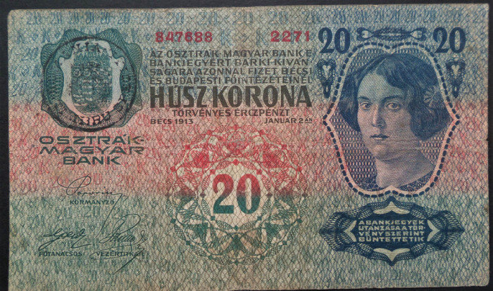 Bancnota 20 COROANE - ROMANIA (AUSTRO-UNGARIA) , anul 1913 *cod 125