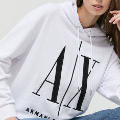 Armani Exchange hanorac de bumbac femei, culoarea alb, cu imprimeu