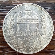 (A121) MONEDA DIN ARGINT UNGARIA - 1 KORONA 1914 COROANA, FRANZ JOSEPH, PATINA SUPERBA