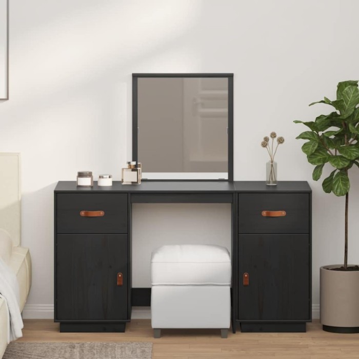 vidaXL Set masă de toaletă cu oglindă, negru, lemn masiv de pin