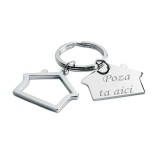 Breloc metalic gravat personalizat cu poza si textul tau. 2 case. 6x3 cm. argintiu