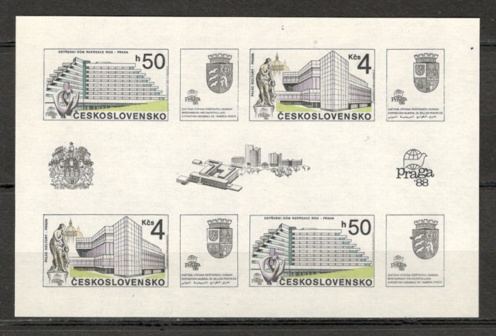 Cehoslovacia.1988 Expozitia filatelica PRAGA:Cladiri moderne-Bl. XC.588