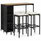 Set mobilier bar de grădină cu perne, 5 piese, negru, poliratan, vidaXL