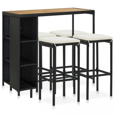 Set mobilier bar de grădină cu perne, 5 piese, negru, poliratan foto
