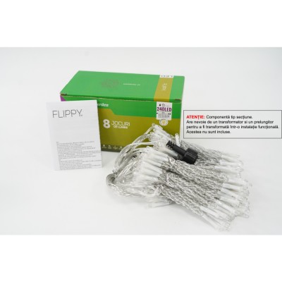 Sectiune Instalatie de Craciun Flippy Tip Perdea, 8 jocuri de lumini, 2m x2 m, 240 LED-uri, Interconectabila, Fir Transparent, Alb-cald foto