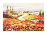 Cumpara ieftin Tablou peisaj cu maci si case pictat manual, 70x50cm ulei pe panza in cutit, superb