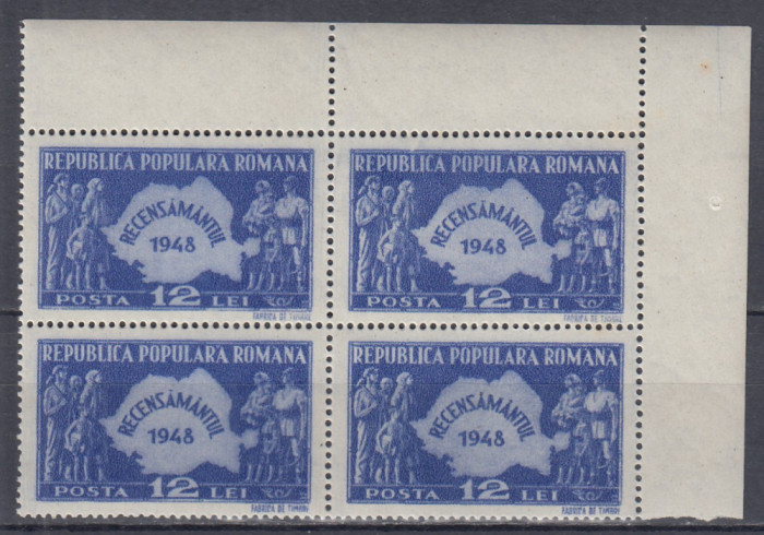 ROMANIA 1948 LP 226 RECENSAMANTUL BLOC DE 4 TIMBRE MNH