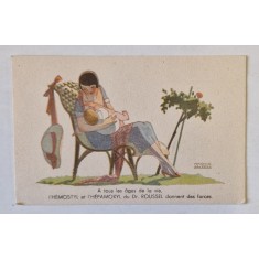 MAMA ALAPTAND IN PARC , CARTE POSTALA DE RECLAMA LA MEDICAMENTELE &#039; HEMOSTYL &#039; SI &#039; HEPAMOXIL &#039; , TEXT IN LIMBA FRANCEZA , INTERBELICA