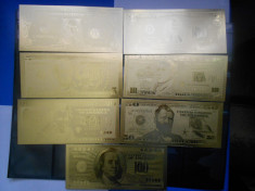 Lot 7 bancnote de 1,2,5,10,20,50,100 Dolari placate cu foita de aur 24k foto