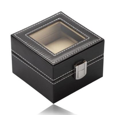 Cutie de bijuterii pătrată, pentru ceasuri - piele sintetică neagră, cataramă metalică lucioasă foto