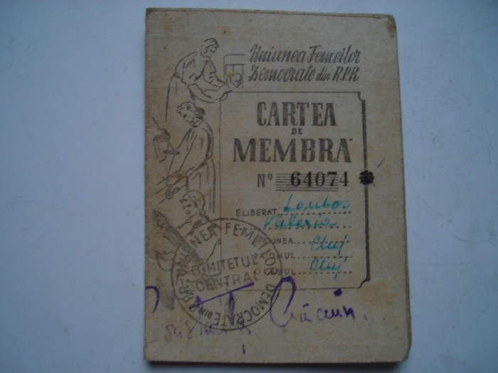 Cartea de membra a Uniunea Femeilor Democrate din RPR, Cluj, 1953