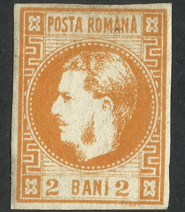 ROMANIA 1868 LP 21 CAROL CU FAVORITI 2 BANI PORTOCALIU gumat fara sarniera MLH