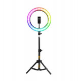 Lampa Circulara Make up Profesionala cu LED RGB, Ring Light cu 10 culori diferite,Lumina Rece/Calda Tip Inel, Trepied 160cm, Telecomanda, Pentru Poze