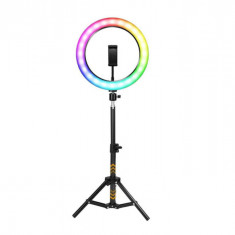 Lampa Circulara Make up Profesionala cu LED RGB, Ring Light cu 10 culori diferite,Lumina Rece/Calda Tip Inel, Trepied 160cm, Telecomanda, Pentru Poze