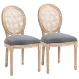 HOMCOM Set 2 Scaune de Dining Vintage, Material cu Efect de In, Spătar din Ratan Perforat, Picioare din Lemn, Gri | Aosom Romania