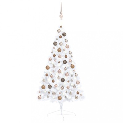 vidaXL Jumătate brad Crăciun artificial cu set globuri, alb, 120 cm 3077568 foto