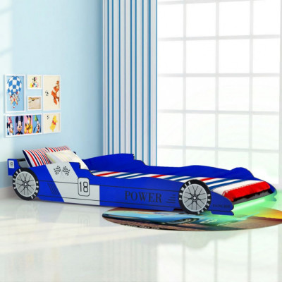 vidaXL Pat copii mașină de curse, cu LED, 90 x 200 cm, albastru foto