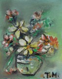Pictură originală ulei pe p&acirc;nză &bdquo;Flori albe și roșii &icirc;n vas verde&rdquo; 17x17 cm, pe șasiu. Certificat cu semnătura și ștampila artistului