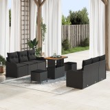 Set canapea de grădină vidaXL 9 Piese cu perne Negru Ratan Poli Acacia, Canapea de grădină vidaXL cu 2 locuri cu perne Negru Ratan Poli, Set de dining