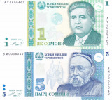 Bancnota Tadjikistan 1 si 5 Somoni 1999 (2010) - P14A/15c UNC ( set x2 )