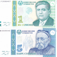 Bancnota Tadjikistan 1 si 5 Somoni 1999 (2010) - P14A/15c UNC ( set x2 )