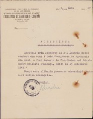 A1703 Adeverinta student 1943 Facultatea de Agronomie Chisinau sediu la Iasi foto