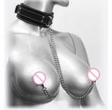 Cleme Sfarcuri Metalice cu Choker Piele PU Sani Fetish Bondage BDSM Nipple Chain, Negru