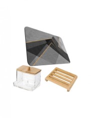 Covoras pentru baie ultra absorbant, anti-alunecare, model Abstract, 50 x 80 cm cu sapuniera din lemn natural