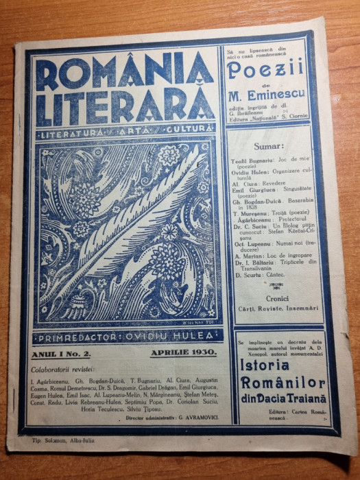 romania literara aprilie 1930-anul 1.nr. 2- agarbiceanu,poezii mihai eminescu