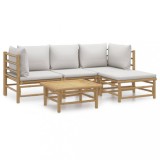 Set mobilier de gradina cu perne gri deschis, 5 piese, bambus