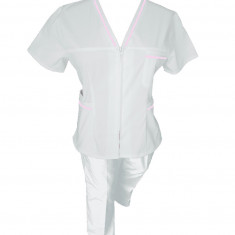 Costum Medical Pe Stil, Alb cu fermoar si cu garnitura roz deschis, Model Adelina - 3XL, 3XL