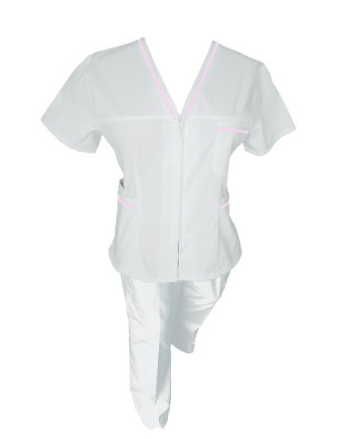 Costum Medical Pe Stil, Alb cu fermoar si cu garnitura roz deschis, Model Adelina - L, S foto