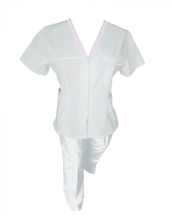 Costum Medical Pe Stil, Alb cu fermoar si cu garnitura roz deschis, Model Adelina - M, L