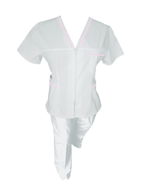 Costum Medical Pe Stil, Alb cu fermoar si cu garnitura roz deschis, Model Adelina - L, S