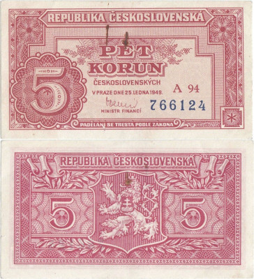 1949 ( 25 I ), 5 korun ( P-68a ) - Cehoslovacia - aUNC foto