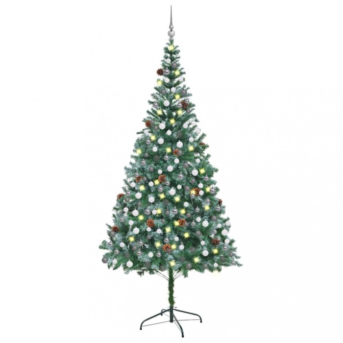 Brad Crăciun artificial pre-iluminat globuri/conuri pin 210 cm
