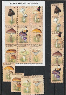 St.Vincent 1998-Flora,ciuperci,serie si bloc 9 valori dantelate,MNH,Mi.4319-27 foto