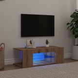 Dulap TV Gossi Stejar Artizanal cu LED RGB, 90x39x30 cm, Lemn Prelucrat, Rafturi Depozitare, Modern
