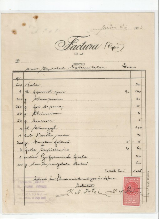 Romania, Farmacia &quot;Arab&quot;, factura, Craiova, 1934