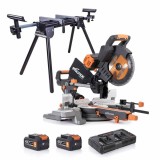 Cumpara ieftin Pachet fierastrau circular stationar fara fir Evolution R255SMS-DB-Li 18V Li-Ion EXT cu glisare si taiere inclinata dubla + stand