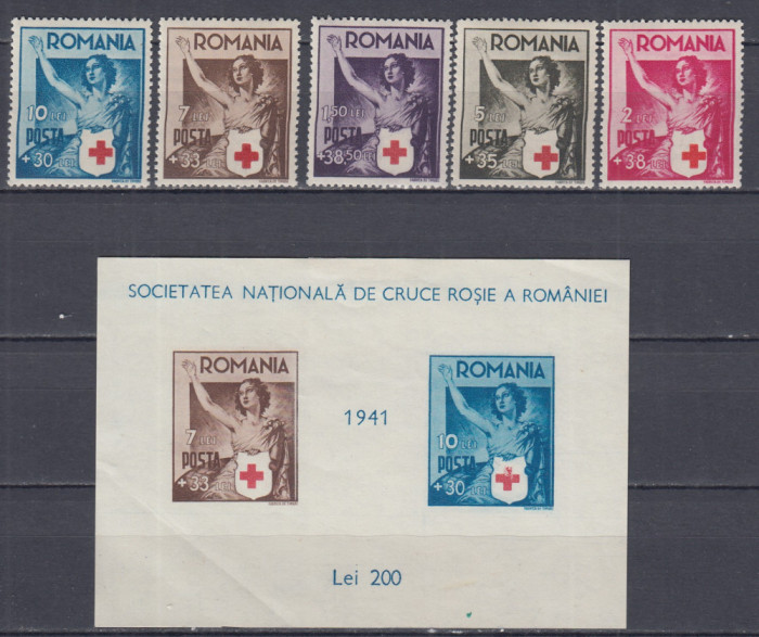 ROMANIA 1941 LP 145 LP 146 CRUCEA ROSIE SERIE + COLITA NEDANTELATA SARNIERA/PLIU