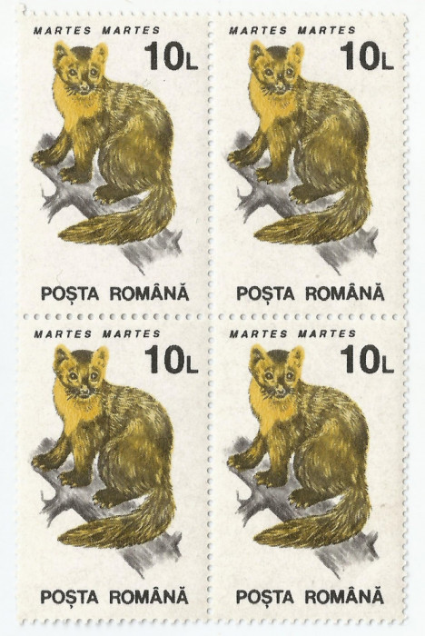 Rom&acirc;nia, LP 1318/1993, Animale (uzuale), 10 lei, h&acirc;rtie cretată, bloc de 4, MNH