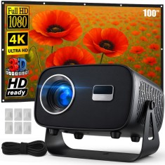 Set VideoProiector Smart Portabil + Ecran de Proiecție Anti-Lumină, Linomag&reg;, Android 11.0, 4000 Lumeni, Airplay/Miracast, Suport 1080p, WiFi 2.4G/5G,