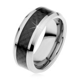 Verighetă argintie din tungsten, dungă mijlocie din material negru, 8 mm - Marime inel: 70