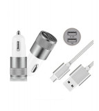Duo 2.1A/1A Adaptor Auto + cablu USB tip C USB-C-Culoare Argint