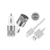 Duo 2.1A/1A Adaptor Auto + cablu USB tip C USB-C-Culoare Argint