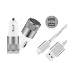 Duo 2.1A/1A Adaptor Auto + cablu USB tip C USB-C-Culoare Argint