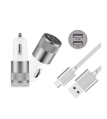 Duo 2.1A/1A Adaptor Auto + cablu USB tip C USB-C-Culoare Argint foto